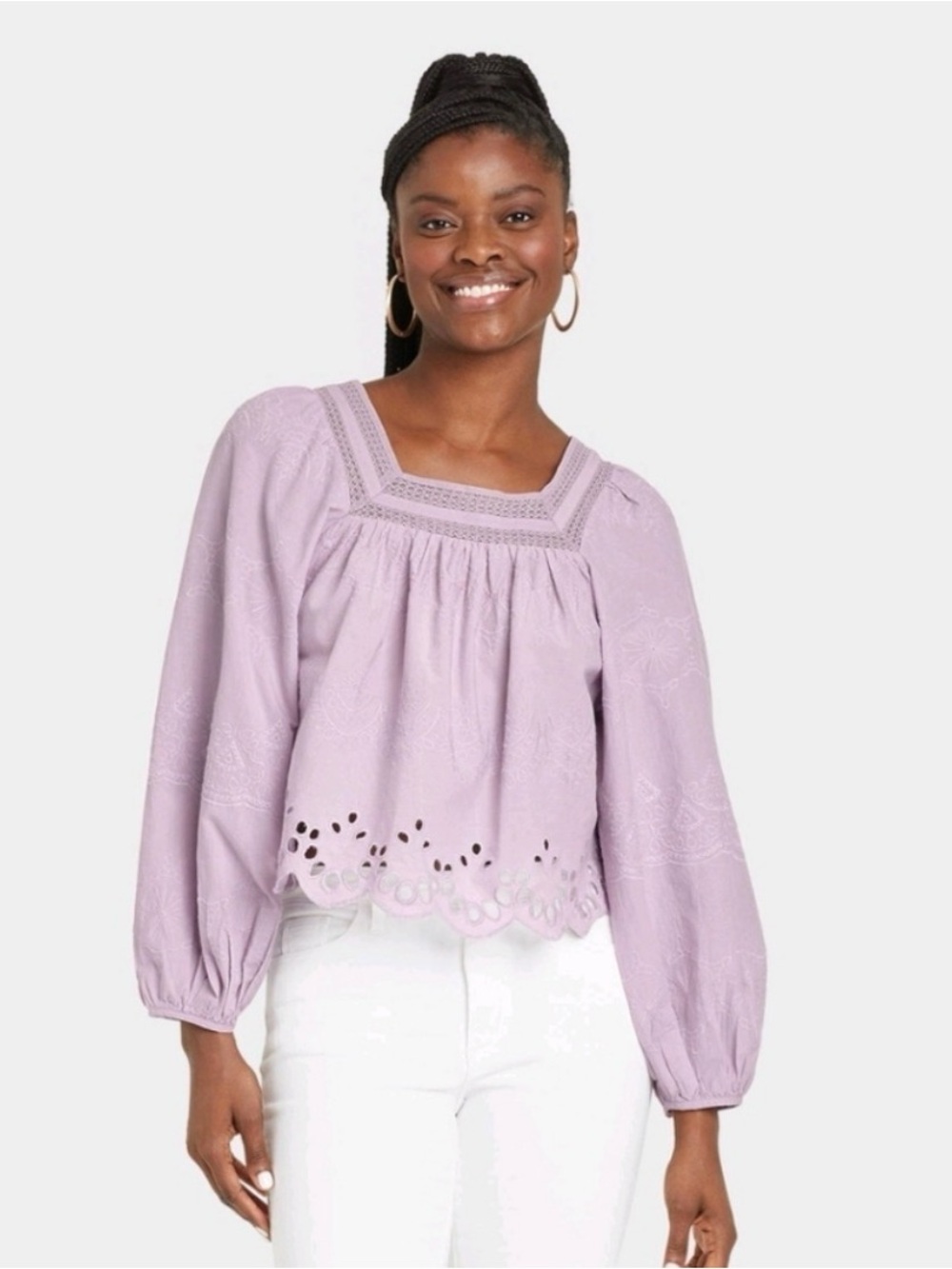 Woman's Balloon Long Sleeve Eyelet Pastel Purple Blouse - Sz XS Cottagecore